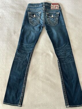 True Religion Blue Low Rise Skinny Jeans with Oversized Joey T Stitching